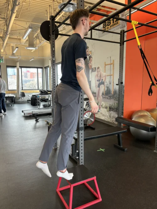 An individual performs an example of a Single Calf Raise from a deficit position.